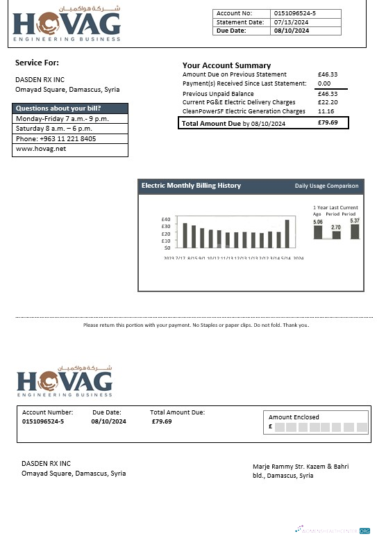 Syria HOVAG Company electricity business utility bill template in Word and PDF formats